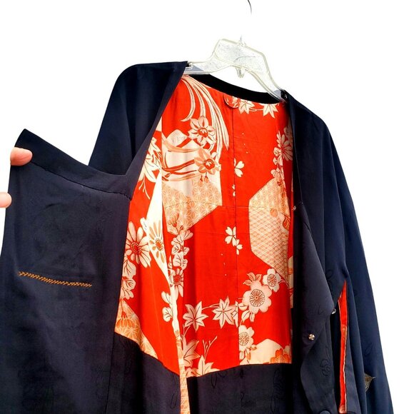 Vintage Japanese Black Silk Kimono Haori Hand Painted Metallic Leaves Red Lining - Picture 6 of 13